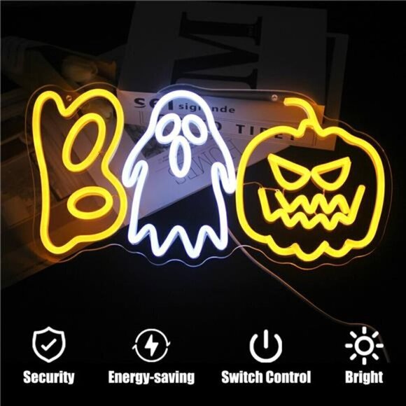 Halloween Boo Neon Sign Spooky Ghost Light Pumpkin House Decor Orange Pumpkin - Picture 3 of 8